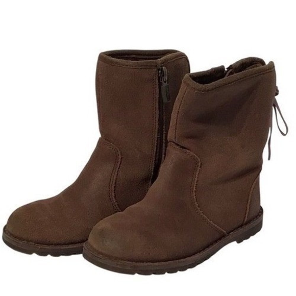 UGG Kids Brown Suede Side Zip Boots with Purple Back Ribbon‎ Detail Size 36